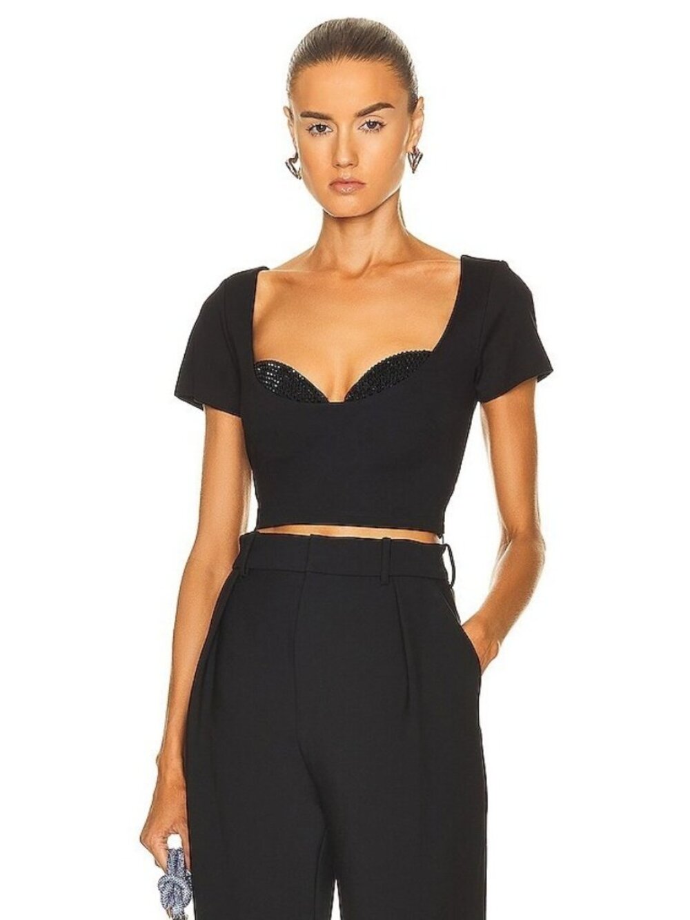 AREA Black Crystel Embellished Bustier Crop Top, Size Medium